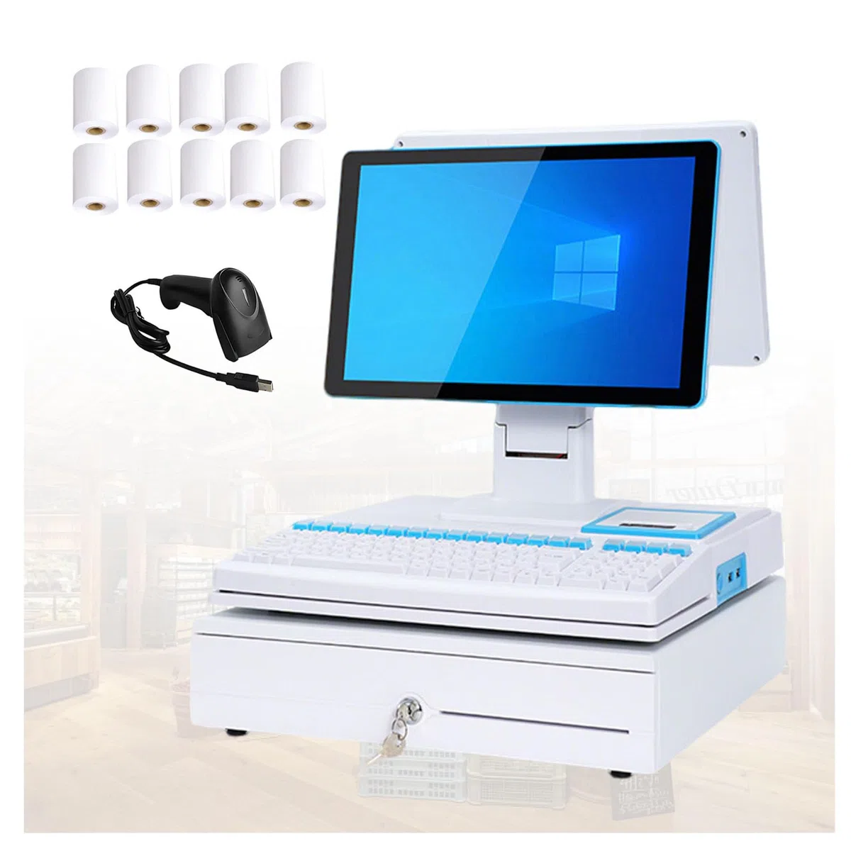 15,6" Smart-Kassensystem Mit Kassenterminal, Kassenschublade, Scanner Und Thermobondrucker Mit Kundendisplay Für Kleine Bis Mittelständische Einzelhändler White-dualscreen