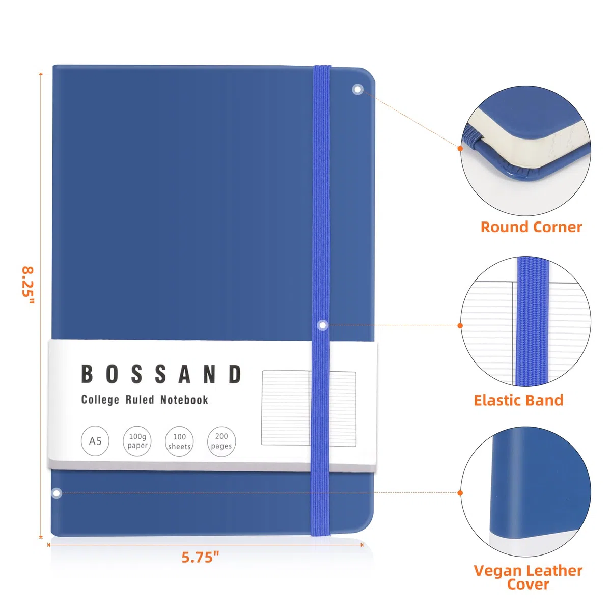 BOSSAND Liniertes Tagebuch-Notizbuch, 6 Stück, A5, Tagebücher zum Schreiben, 200 Seiten, 100 g/m² dickes, klassisches liniertes Papier, Hardcover, 21 x 14,6 cm, 6 Farben
