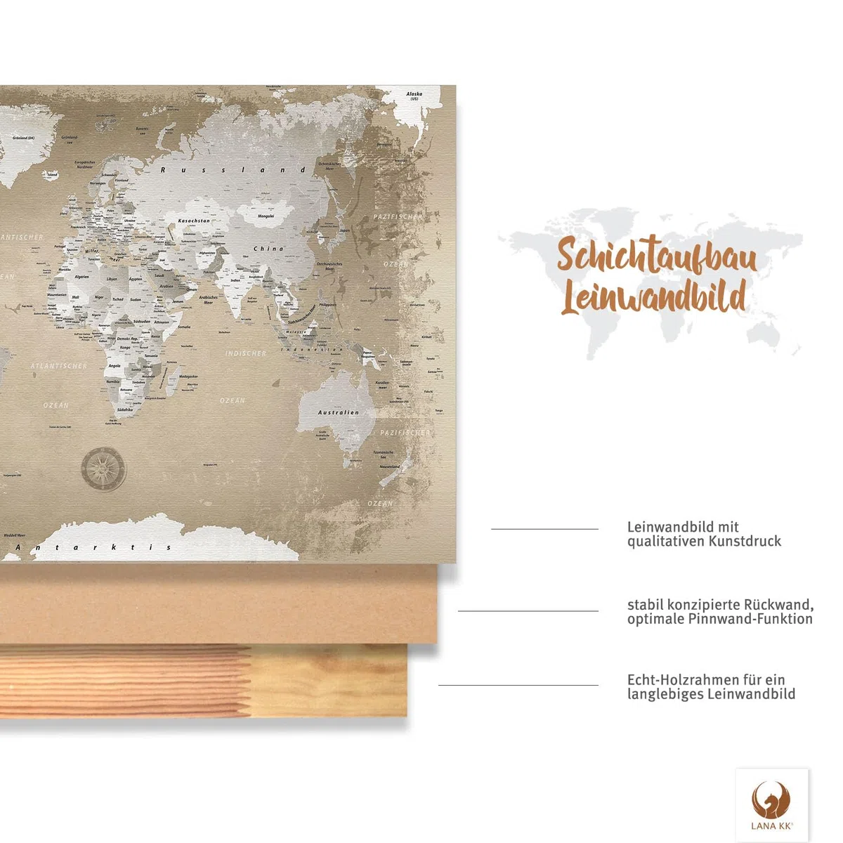 LANA KK - Premium Pinnwand Weltkarte - Natur - Deutsch - in 100 x 70 cm, stabile Rückwand zum Pinnen inkl. Starterkit - Leinwand-Kunstdruck Wandbild Landkarte XXL