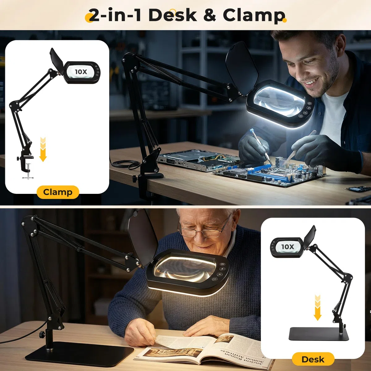 10-fache quadratische Lupe mit Licht und Ständer/Klemme, 80 LED beleuchtete Lupe mit Staubschutz, 5 Farbmodi, stufenlos dimmbar, freihändige Schreibtischlupe für enge Arbeiten, Basteln, Lesen