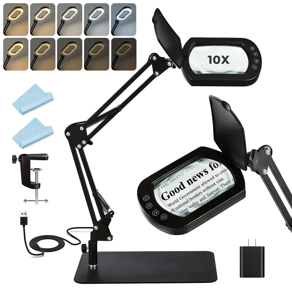 10-fache quadratische Lupe mit Licht und Ständer/Klemme, 80 LED beleuchtete Lupe mit Staubschutz, 5 Farbmodi, stufenlos dimmbar, freihändige Schreibtischlupe für enge Arbeiten, Basteln, Lesen