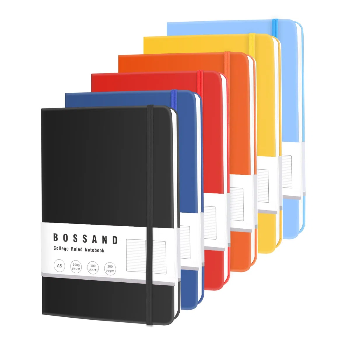 BOSSAND Liniertes Tagebuch-Notizbuch, 6 Stück, A5, Tagebücher zum Schreiben, 200 Seiten, 100 g/m² dickes, klassisches liniertes Papier, Hardcover, 21 x 14,6 cm, 6 Farben