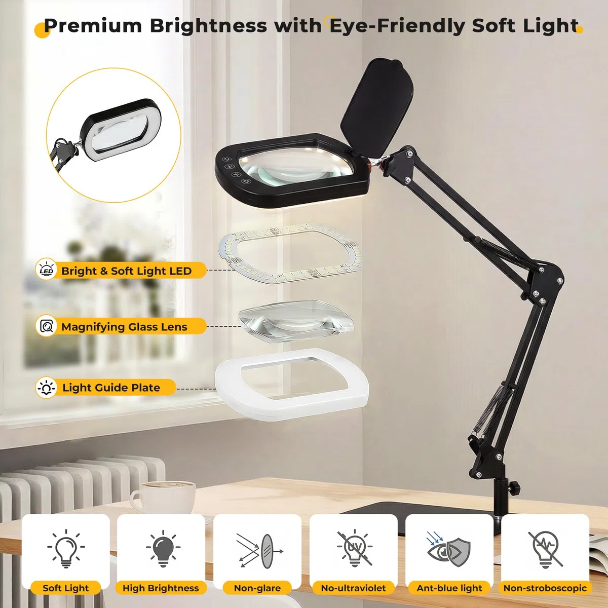 10-fache quadratische Lupe mit Licht und Ständer/Klemme, 80 LED beleuchtete Lupe mit Staubschutz, 5 Farbmodi, stufenlos dimmbar, freihändige Schreibtischlupe für enge Arbeiten, Basteln, Lesen