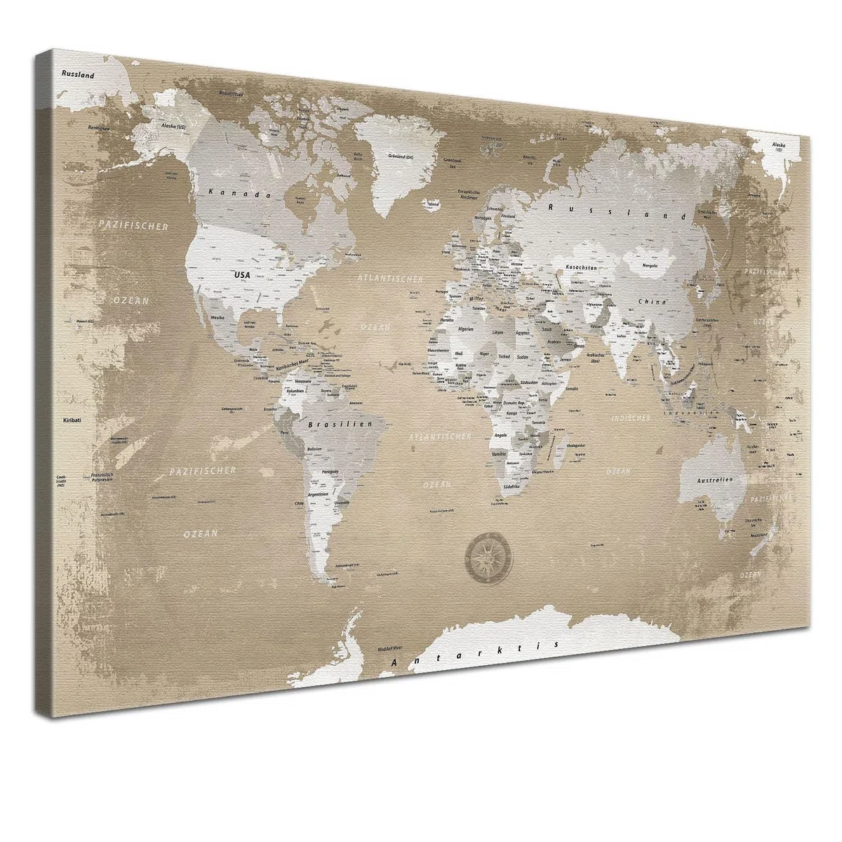 LANA KK - Premium Pinnwand Weltkarte - Natur - Deutsch - in 100 x 70 cm, stabile Rückwand zum Pinnen inkl. Starterkit - Leinwand-Kunstdruck Wandbild Landkarte XXL