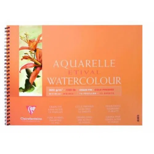 Etival Spiralbuch Aquarellpapier feinkörnig 12 Blatt 300 g/m2, 30 x 40 - 5 Stück