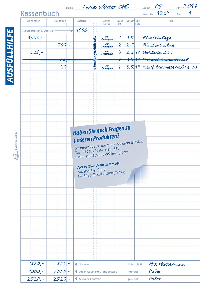 AVERY Zweckform 426 Kassenbuch (A4, nach Steuerschiene 300, von Rechtsexperten geprüft, für Deutschland zur ordnungsgemäßen, kostengünstigen Buchführung, 100 Blatt) 10er Pack