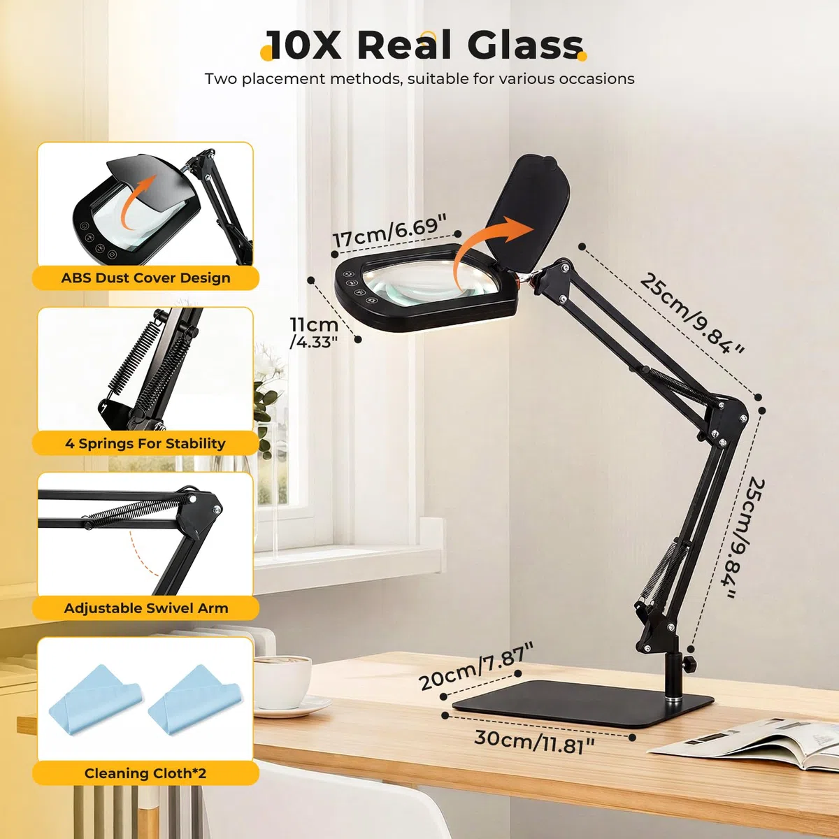 10-fache quadratische Lupe mit Licht und Ständer/Klemme, 80 LED beleuchtete Lupe mit Staubschutz, 5 Farbmodi, stufenlos dimmbar, freihändige Schreibtischlupe für enge Arbeiten, Basteln, Lesen