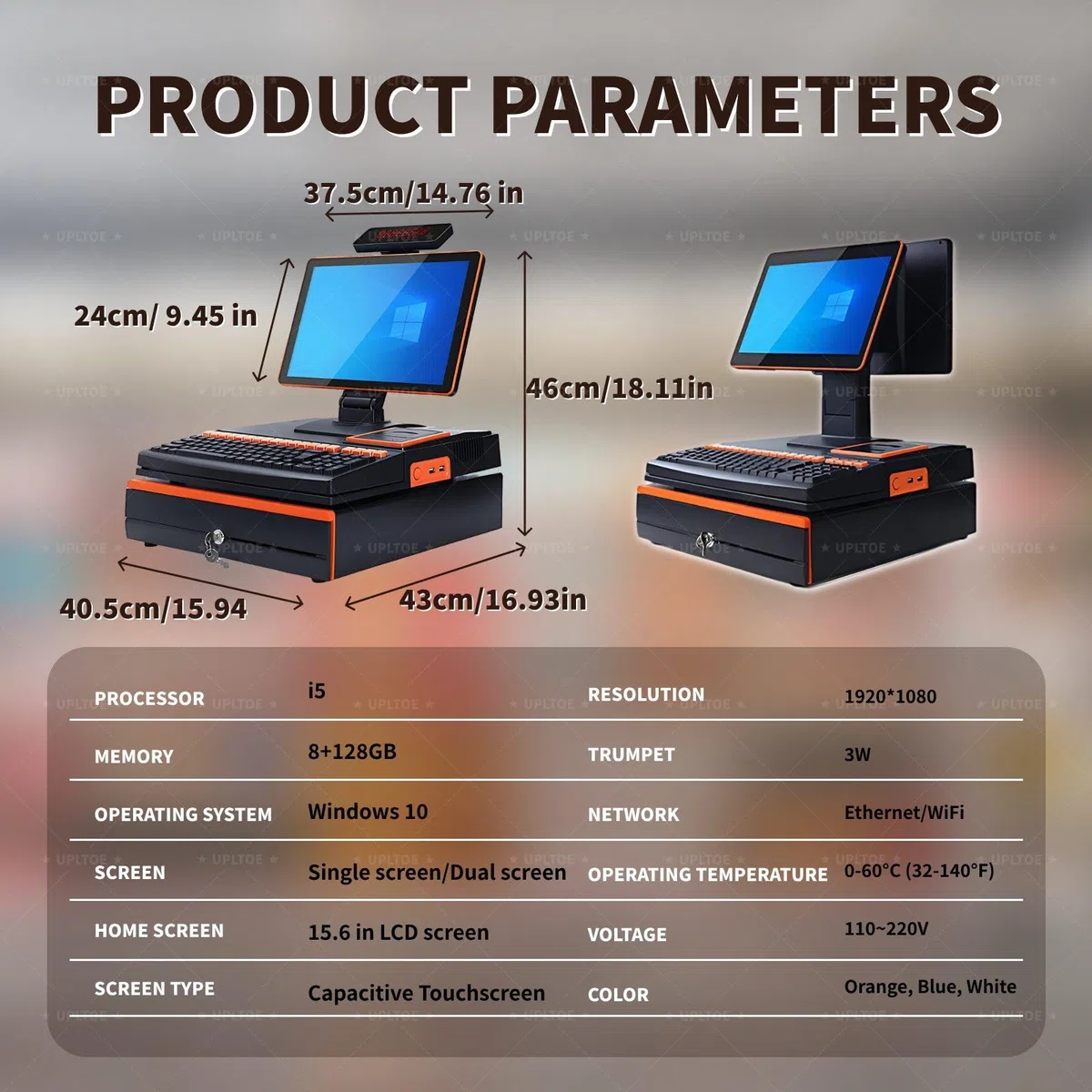15,6" Smart-Kassensystem Mit Kassenterminal, Kassenschublade, Scanner Und Thermobondrucker Mit Kundendisplay Für Kleine Bis Mittelständische Einzelhändler White-dualscreen