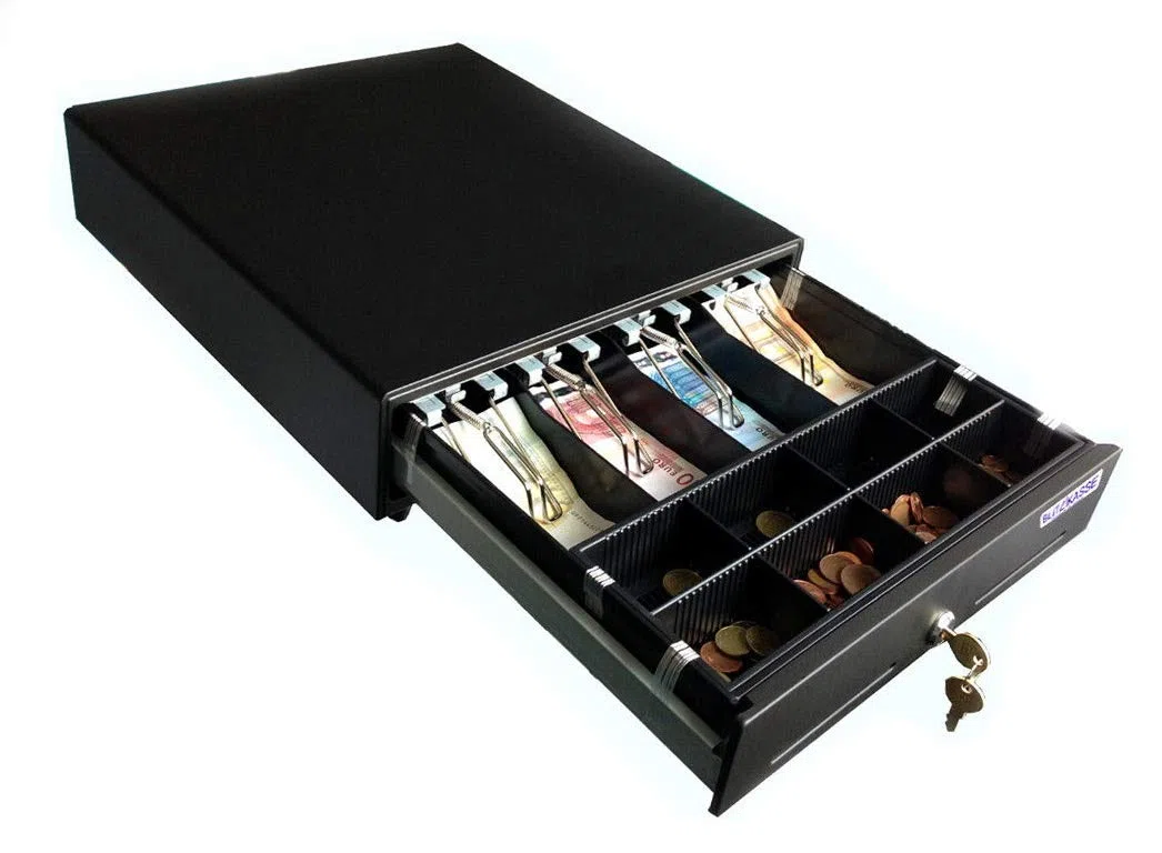 iQCash Kassenschublade mit Integriertem Öffner iQCash330o 33x34x10cm, Geldschublade aus Stahl, 3-Stationen-Schloss, Schwarz, Geldlade Kassenlade Geldkassette Bar Kasse