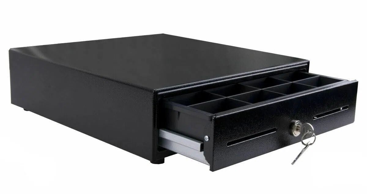 iQCash Kassenschublade mit Integriertem Öffner iQCash330o 33x34x10cm, Geldschublade aus Stahl, 3-Stationen-Schloss, Schwarz, Geldlade Kassenlade Geldkassette Bar Kasse