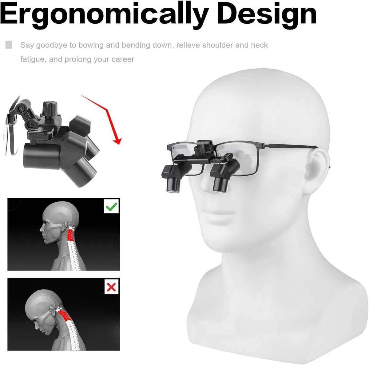 3.5X Flip-up Ergo Prisma Loupe Lupe Titan Rahmen, ergonomisches Design, mit Aluminiumbox, verstellbare Zwischenpupillen und Winkelbetracht (Working Distance 440-540m)